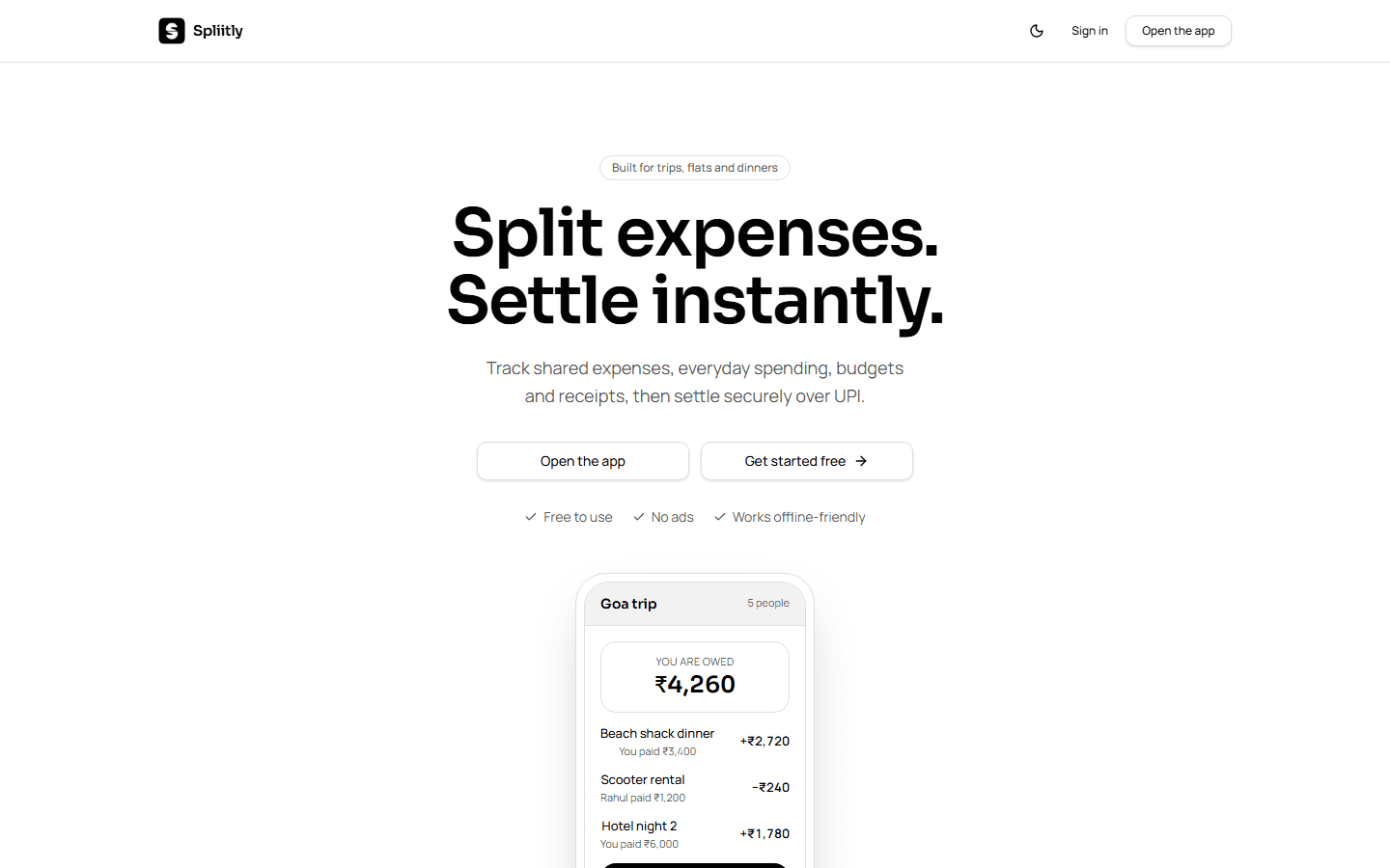 Spliitly application interface